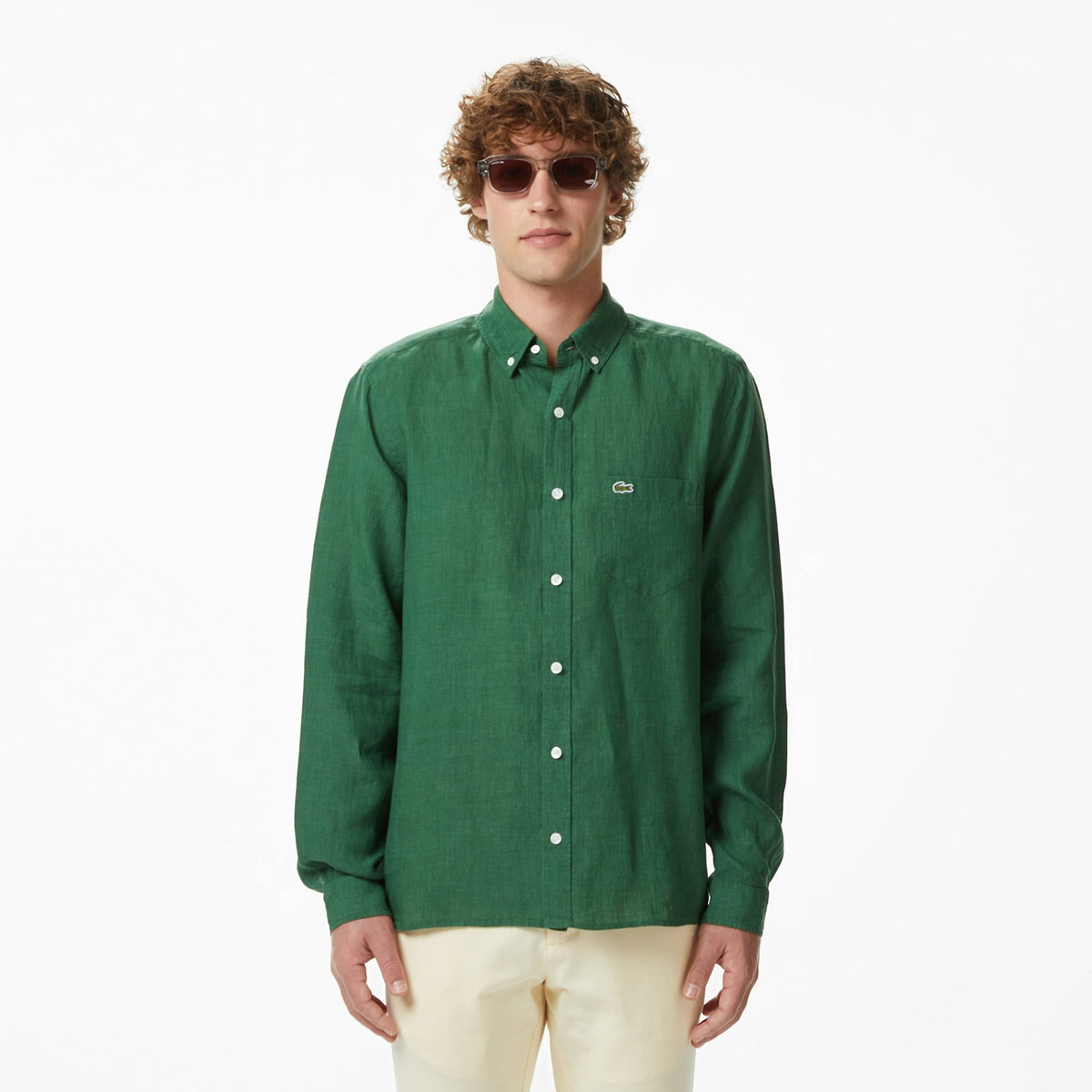 Lacoste Regular Fit Düğmeli Yaka Keten Yeşil Gömlek