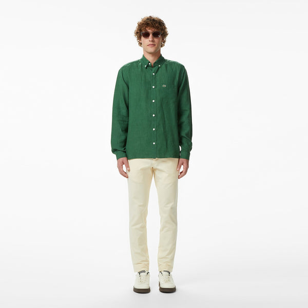 Lacoste Regular Fit Düğmeli Yaka Keten Yeşil Gömlek