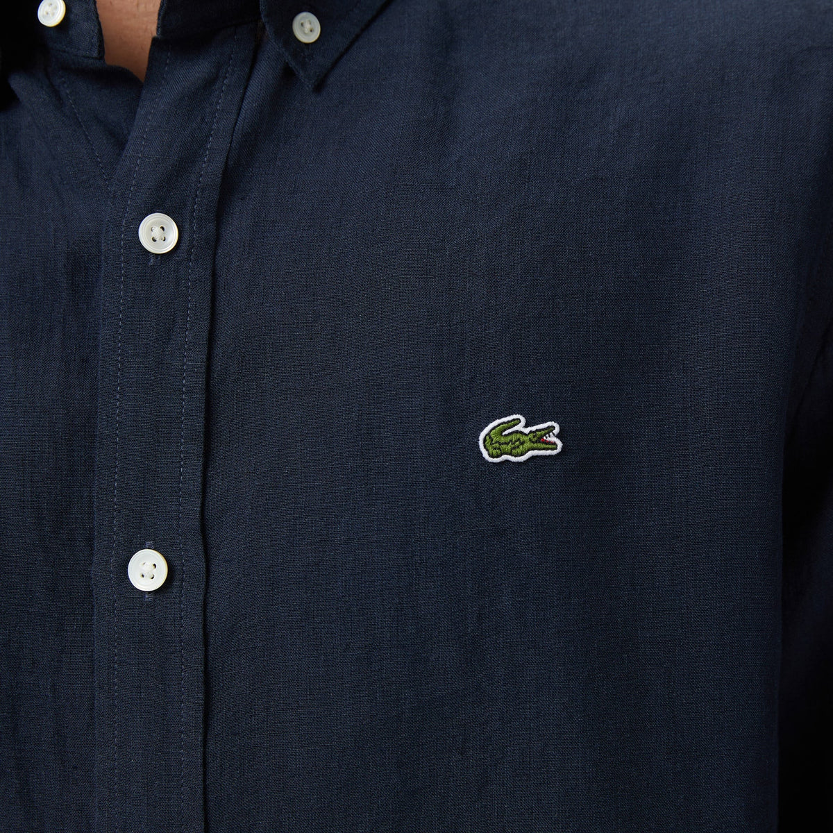 Lacoste Regular Fit Düğmeli Yaka Keten Lacivert Gömlek