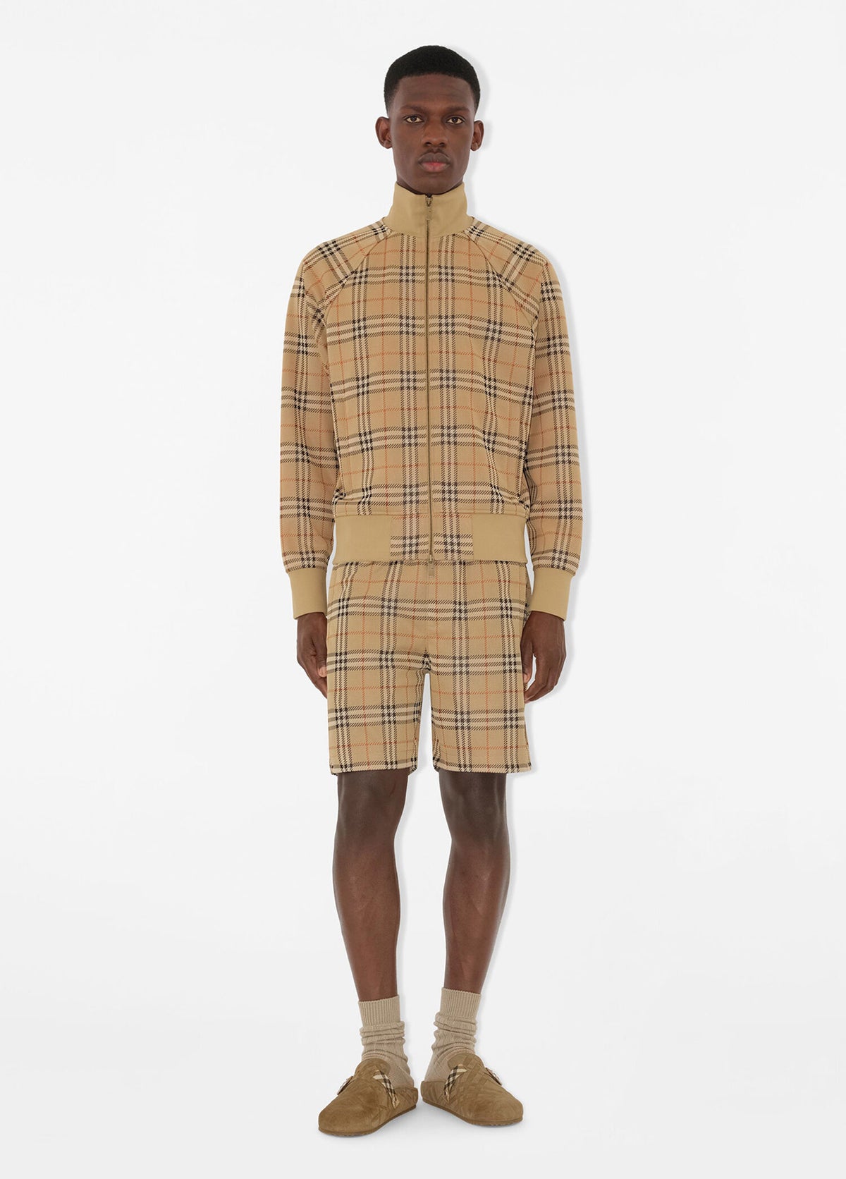 Burberry Check Track Bej Ekose Desenli Funnel Yaka Fermuarlı Erkek Sweatshirt