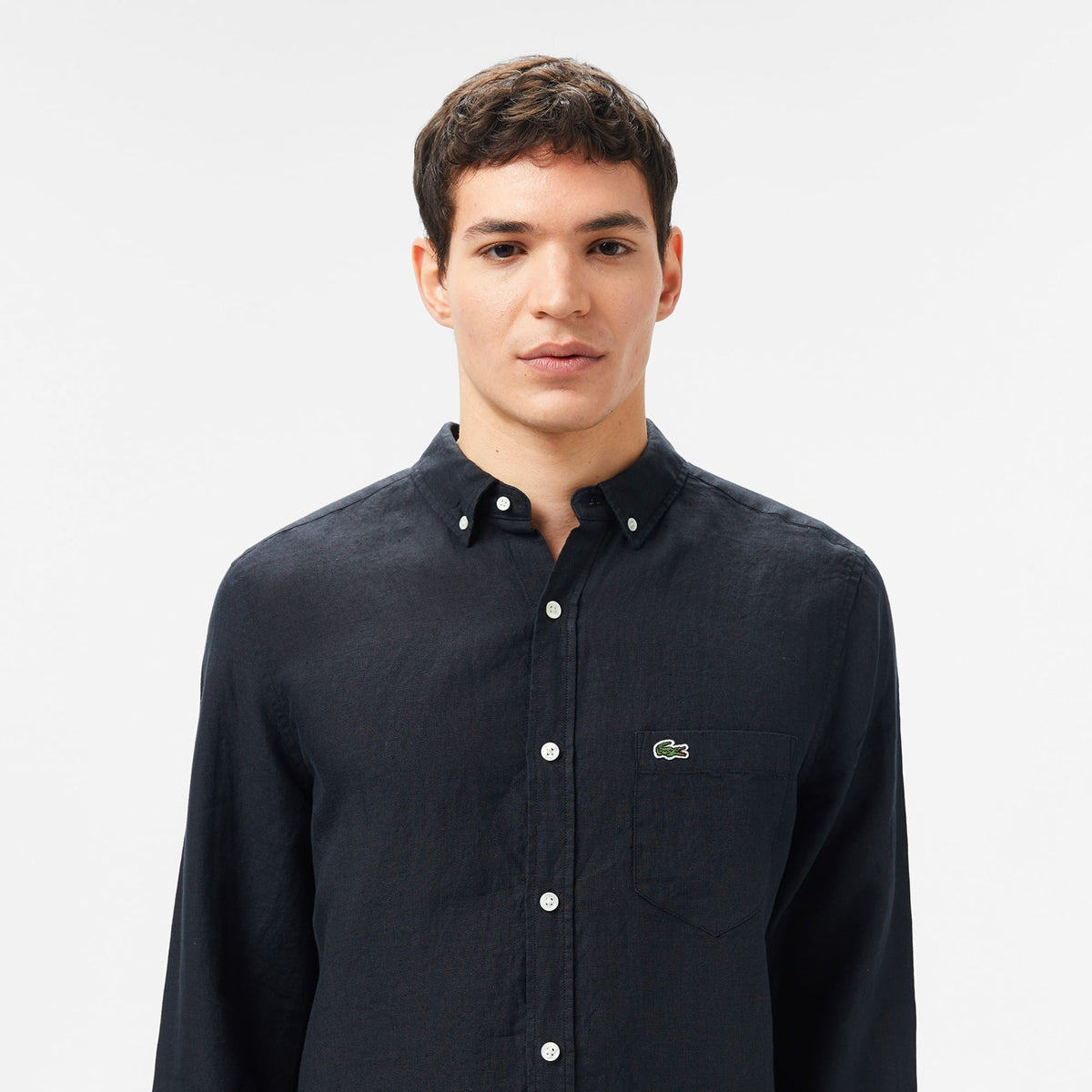 Lacoste Regular Fit Düğmeli Yaka Keten Siyah Gömlek