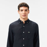 Lacoste Regular Fit Düğmeli Yaka Keten Siyah Gömlek
