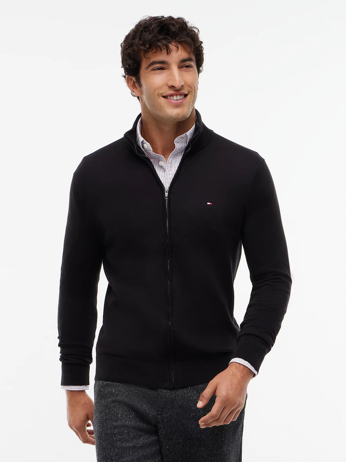 Tommy Hilfiger Bayrak İşlemeli Fermuarlı Yüksek Yakalı Erkek Siyah Sweatshirt