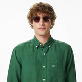 Lacoste Regular Fit Düğmeli Yaka Keten Yeşil Gömlek