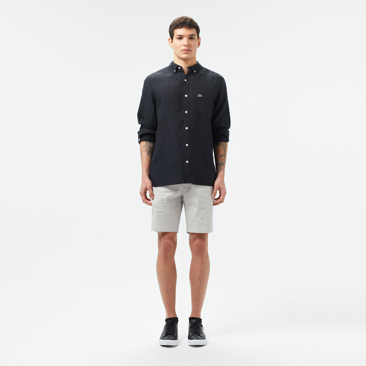 Lacoste Regular Fit Düğmeli Yaka Keten Siyah Gömlek