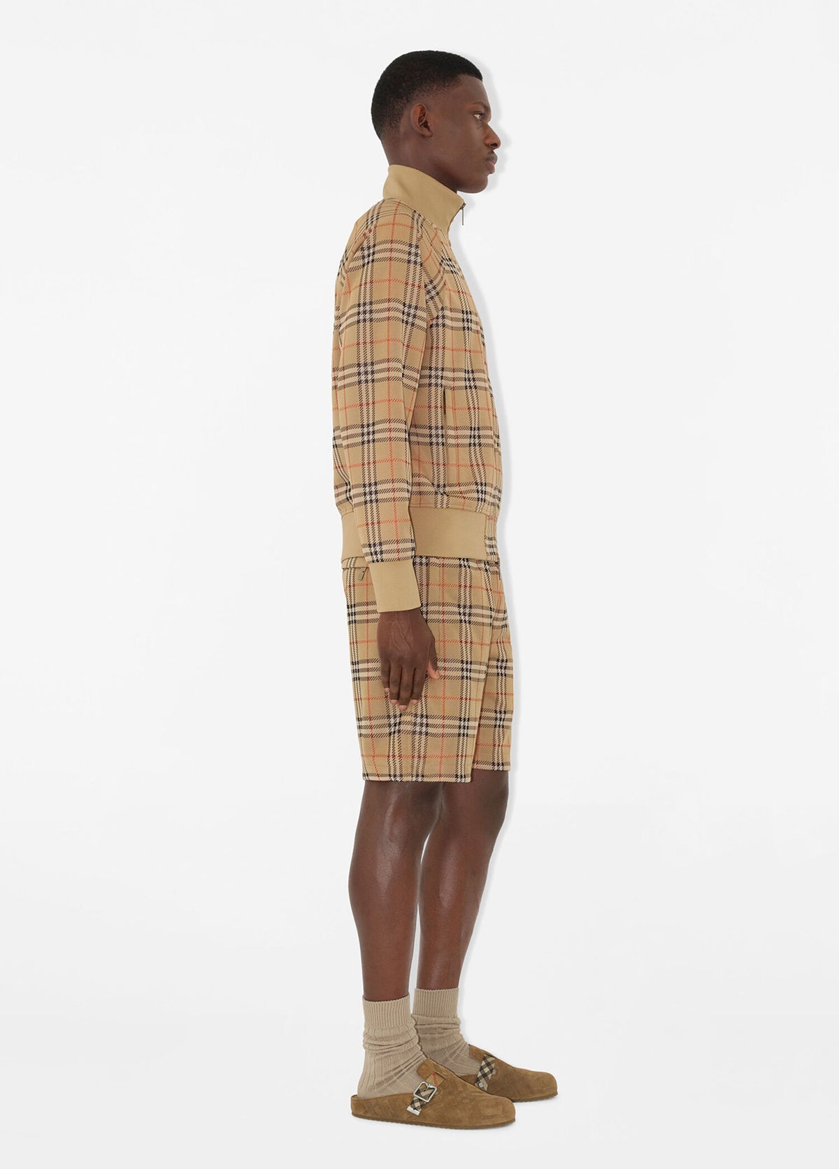 Burberry Check Track Bej Ekose Desenli Funnel Yaka Fermuarlı Erkek Sweatshirt