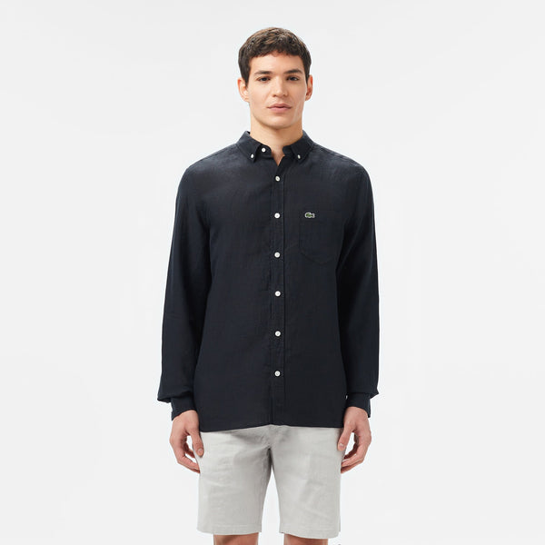 Lacoste Regular Fit Düğmeli Yaka Keten Siyah Gömlek