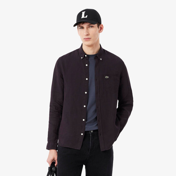 Lacoste Regular Fit Düğmeli Yaka Keten Kahverengi Gömlek