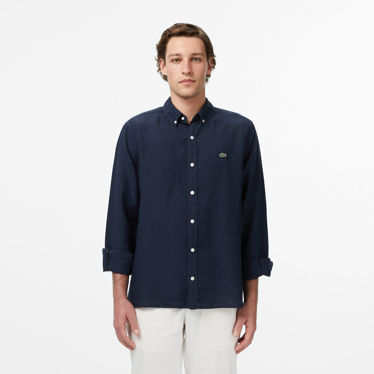 Lacoste Regular Fit Düğmeli Yaka Keten Lacivert Gömlek