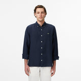 Lacoste Regular Fit Düğmeli Yaka Keten Lacivert Gömlek