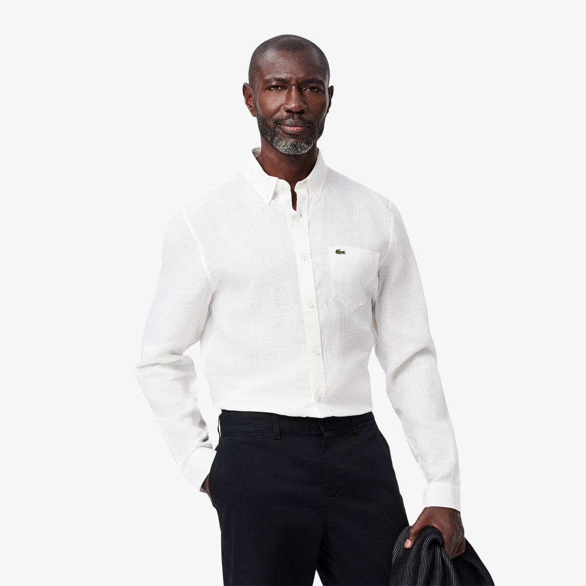 Lacoste Regular Fit Düğmeli Yaka Keten Siyah Gömlek