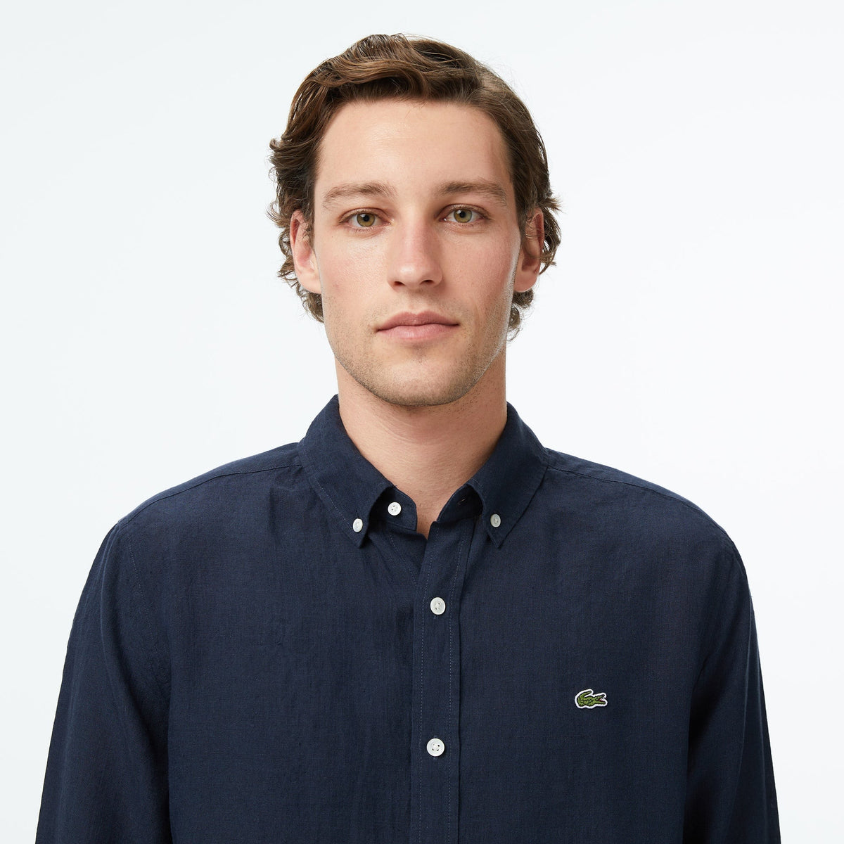 Lacoste Regular Fit Düğmeli Yaka Keten Lacivert Gömlek
