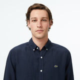 Lacoste Regular Fit Düğmeli Yaka Keten Lacivert Gömlek