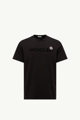 Moncler Kadife Baskılı Logolu Siyah Pamuklu T-Shirt